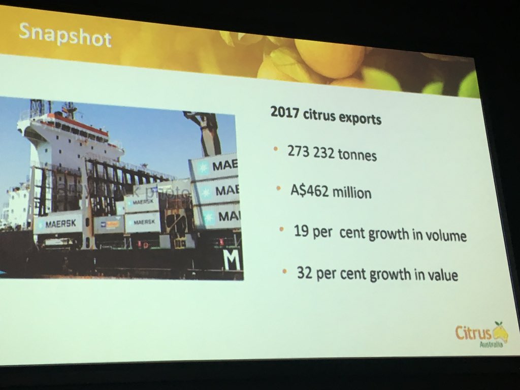johnfruitnet's tweet photo. David Daniels @CitrusAustralia talks through all the numbers on another impressive export campaign at #CAForum18 https://t.co/19hfF96BKg