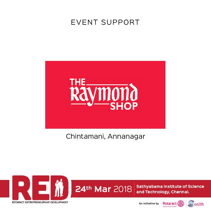 ZenithRED3232's tweet photo. "Supporting others success won't even dampen yours!"
We take pride in announcing one such embodiment of support The Raymond Shop - Anna Nagar&amp;Mogappair to RED.
Link to register
https://t.co/d7c4yS2JwT
#red #entrepreneurship #startup #rczenith #rotaract #rotary #TheRaymondShop https://t.co/FtCBGdRVub