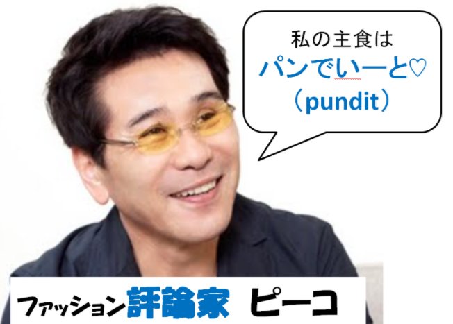C Sakamoto Hisashi M15 D単b列 Pundit 意味 評論家 学識者 語呂で覚えましょう ファッション評論家のピーコさん 私の主食は パンでいーと Pudit いーと は九州の方言で聞いてください 良い の意味 T Co Em9gl5rqri