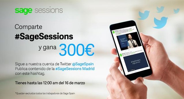 Participa en nuestro #sorteo de Twitter publicando contenido con #SageSessions y gana una tarjeta regalo valorada en 300€! Recuerda seguirnos (<a href="/SageSpain/">Sage Spain</a> ) ¡Hasta las 12 am del 16 de marzo! 👉 dy.si/RDb2M62