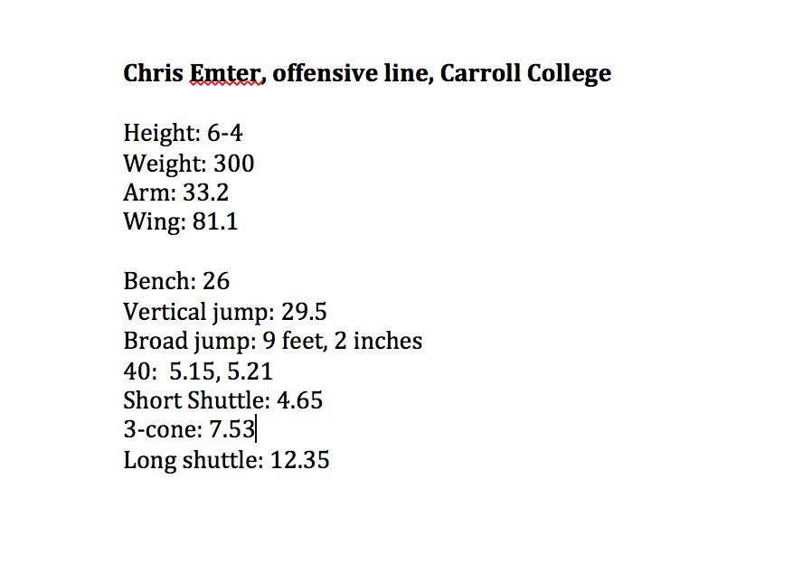 SkylineSportsMT's tweet image. Four former @FConference players, including Carroll College OL Chris Emter, a Livingston native who I thought should've been recruited by Montana State, also participated in MSU's pro day. For @Jerekwolcott