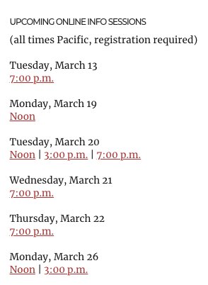A schedule of online info sessions for the Publishing Workshop