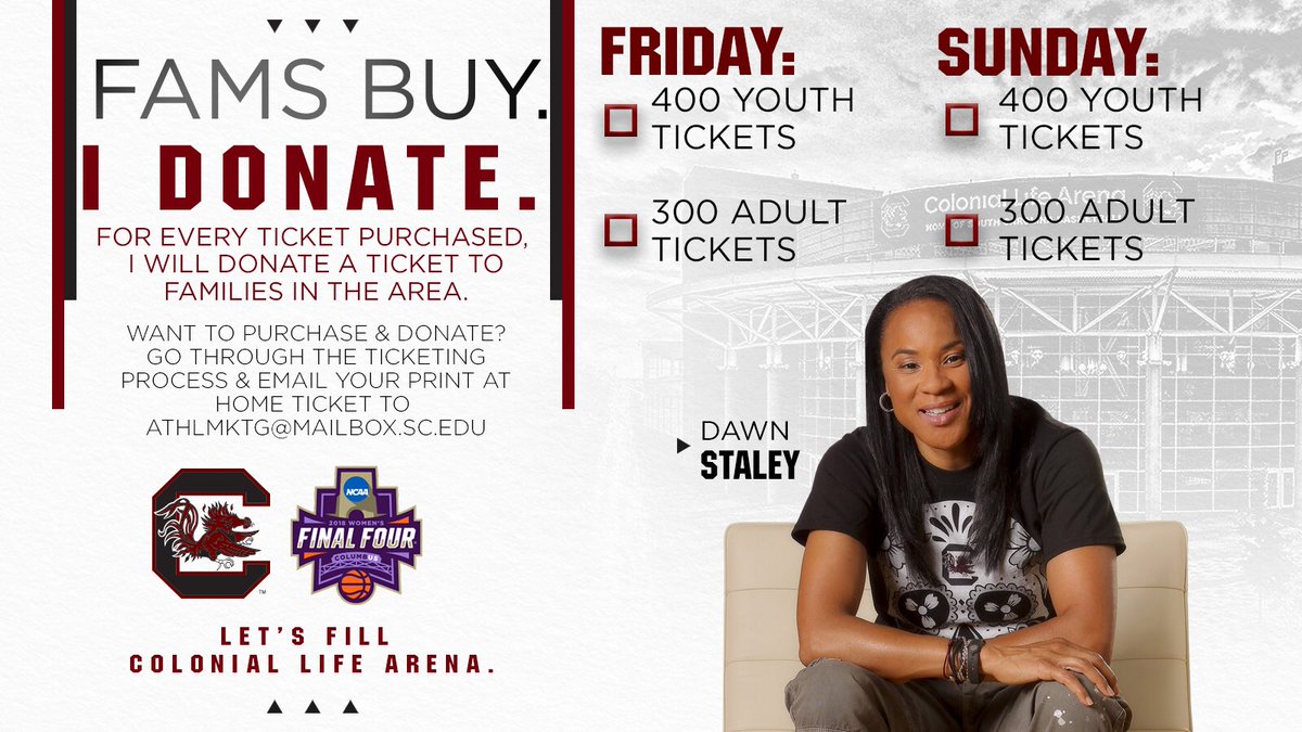 dawnstaley's tweet photo. NEWS FLASH!!! Because I want @CLAmktg filled up-here’s my challenge to our FAMs &amp; all of Gamecock nation. Let’s treat some of the ppl in our community to our @GamecockWBB @ncaawbb games this weekend. Check it out and let me know if you’re in! 👇🏾👇🏾👇🏾 https://t.co/uWpt5iY6iZ https://t.co/VaS5vsvWF2
