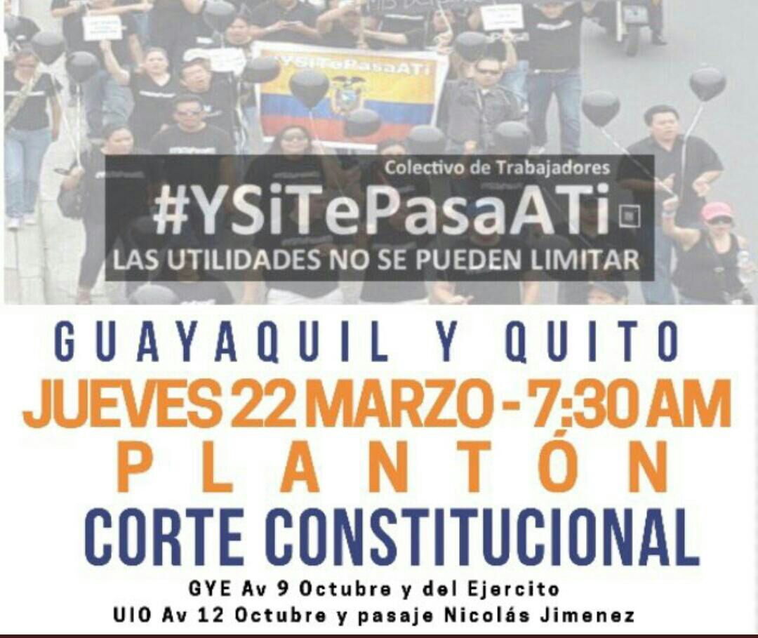 #CONVOCATORIA 

Señores <a href="/CorteConstEcu/">Corte Constitucional</a> contamos con su favorable respuesta por os derechos laborales. #YsiTePasaAti #NoAlTechoEnUtilidades <a href="/MinTrabajoEc/">Ministerio del Trabajo Ecuador 🇪🇨</a> @raulclementelh @UtilidadSinTope <a href="/Presidencia_Ec/">Presidencia Ecuador 🇪🇨</a> <a href="/alfredoruizg1/">Alfredo Ruiz</a> <a href="/Francis_Butina/">Francisco Butiñá M.</a> <a href="/Lenin/">Lenín Moreno</a> es urgente su respuesta #Causa095IN2015