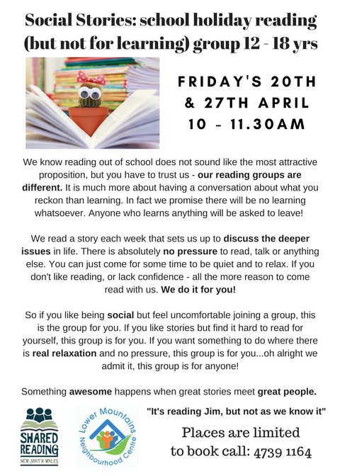 Books_to_live's tweet photo. School holiday shared reading sessions coming to Blaxland!! Our aim is only fun and pleasure (no learning!) anyone learning anything will be asked to leave! https://t.co/T8JydZbFs2