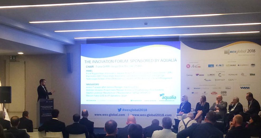 WEX_Global's tweet image. It's been a great first day at #wexglobal2018 with speakers and delegates from over 40 countries, representing the leaders of the global water industry. Here Slobodan of Loclain, presents in the Innovation Forum sponsored by @aqualia. We're looking forward to more tomorrow!