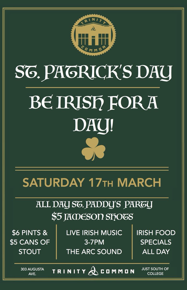 Trinity_Common's tweet image. Be Irish for a day with Trinity Common!
Live Irish music from 3-7pm
$6 Pints &amp;amp; $5 cans of stout!
$5 Shots of @jamesonwhiskey
