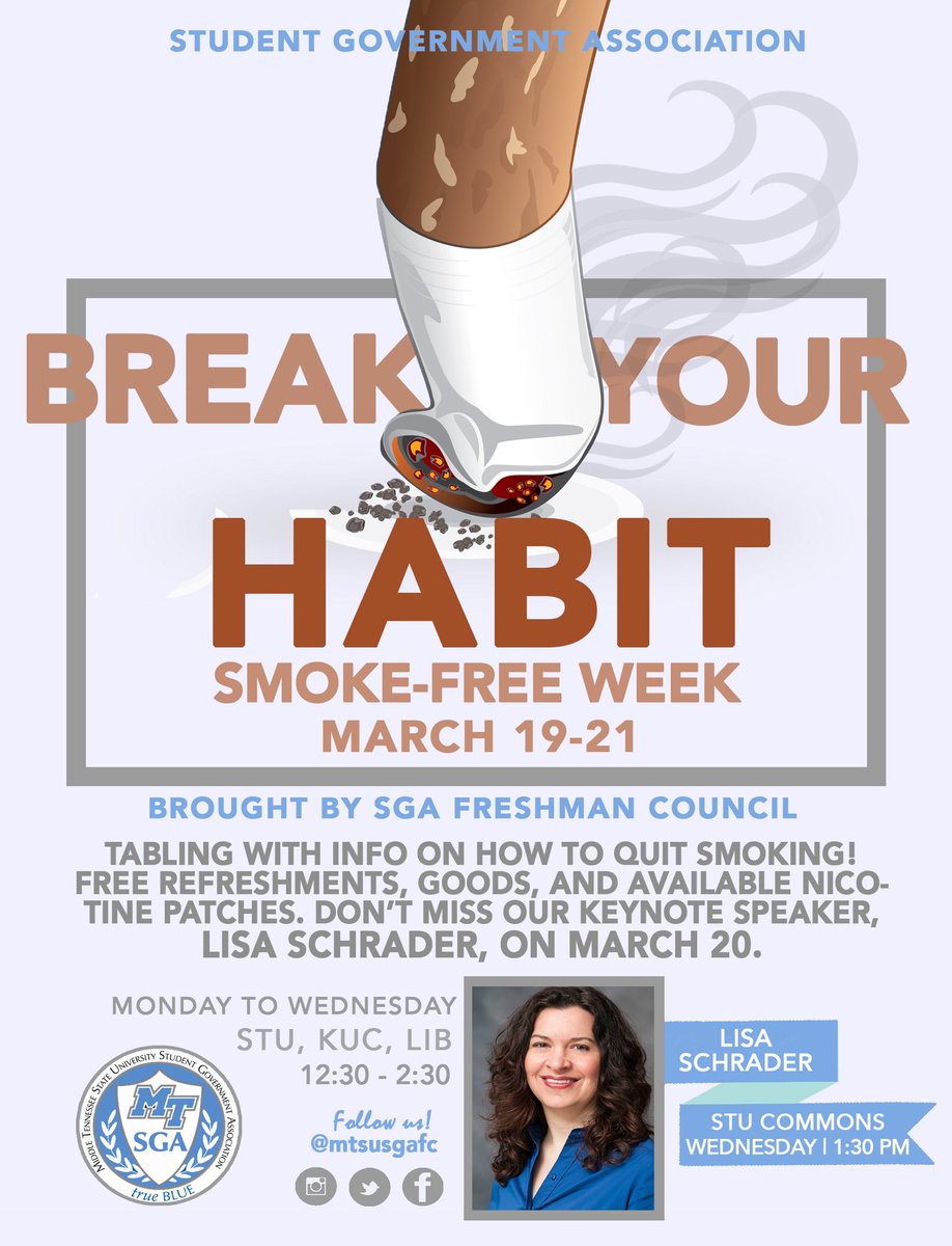 mtsusgafc's tweet photo. SGA will be hosting the very first Smoke Free Awareness Week hosted by yours truly SGA Freshman Council! There will be events hosted in the KUC, Library, and Student Union March 19-21. We hope you all will stop by to receive some free stuff! We can’t wait to see you there! 💙💙💙 https://t.co/fOO3cxUiYj