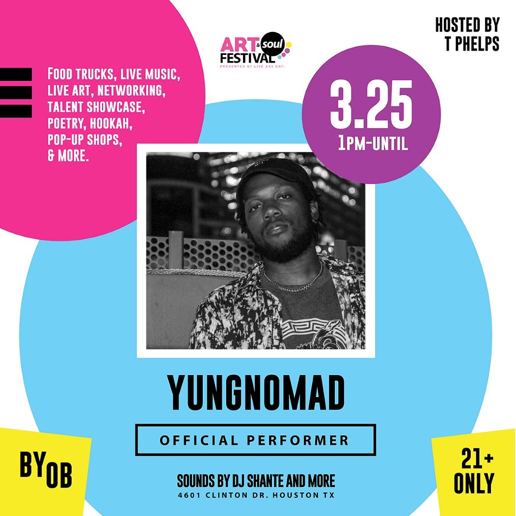 YungNoMAD's tweet photo. What up what up! Come vibe out with me and enjoy some music
🔥March 25th🔥 you don't wanna miss it 😈 #liveasf #houston #artandsoulfestival #byob https://t.co/FXDhARPEYV