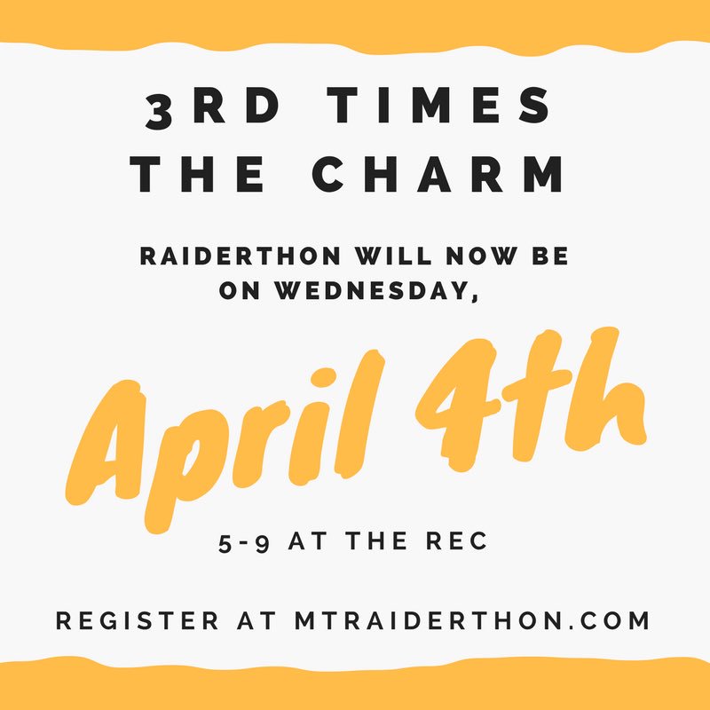 MT_Raiderthon's tweet photo. Same great event, same great cause- just one day sooner. We wanted to make sure every had the opportunity to attend the free concert &amp; Raiderthon. 22 days until we make some BIG miracles happen! https://t.co/0AMlBXc1oI