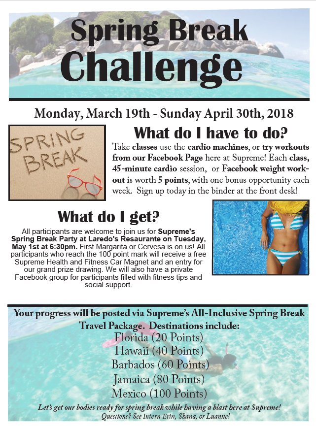 NEW FITNESS CHALLENGE! Our Spring Break Fitness Challenge will begin on Monday, March 19th! Check our flyer below for more details 😎🌴