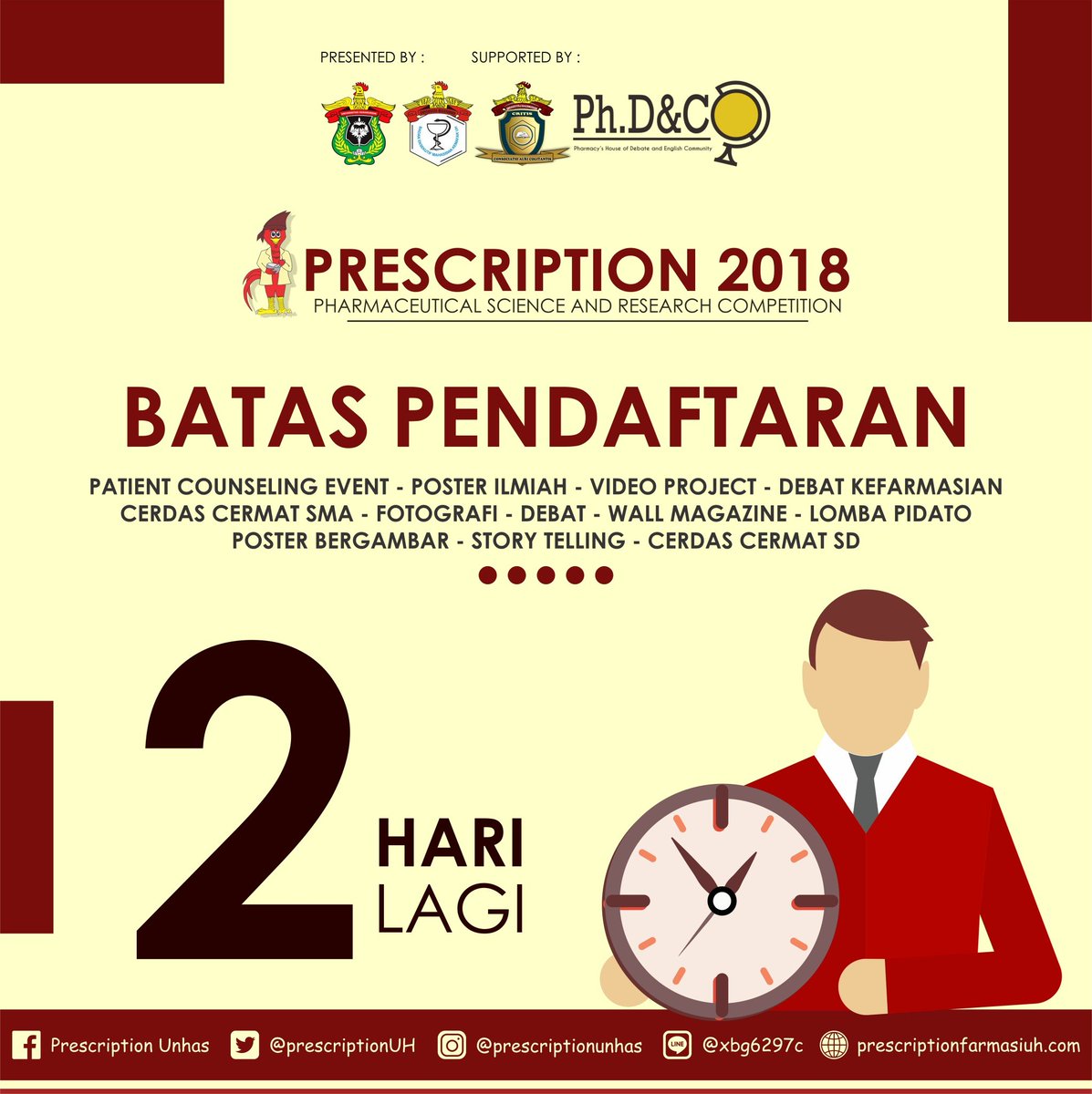 Hello prescription enthusiast!

Sudahkah mempersiapkan diri untuk mengikuti rangkaian kegiatan dalam prescription tahun ini?

kirimkan segera formulir pendaftaran kalian!
sebagai informasi tambahan, bahwa pendaftaran lomba akan diundur hingga tanggal 16 Maret 2018.