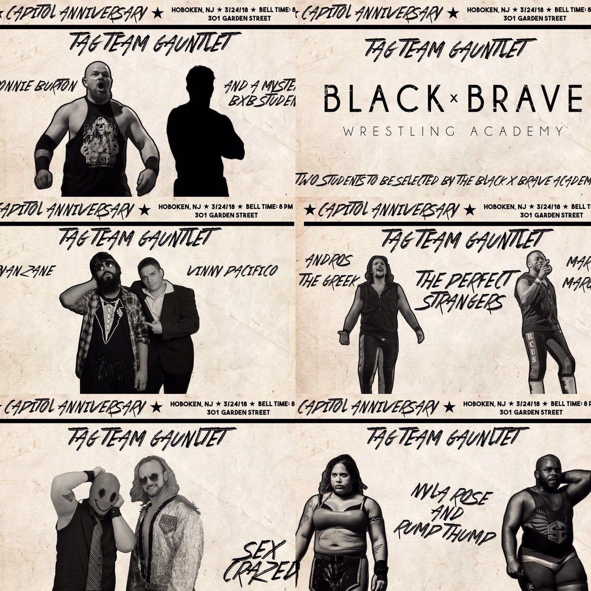 CatalystWrestle's tweet photo. The battlefield is set, as all six teams have been announced for the Tag Team Gauntlet, with the winning team receive a Capitol Wrestling Tag Team Title shot! Who will walk out victorious at #CapitolAnniversary #ComeToTheCapitol to find out. https://t.co/Dg3Y85cfzL https://t.co/jU0MHATk0W