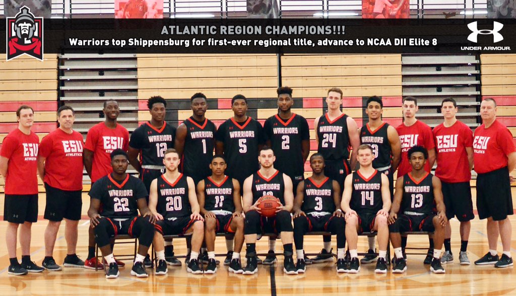 ESUWarriors's tweet photo. 🏆🔴🏀⚫️ NCAA DII Atlantic Region champs!!!  1st regional title in school history!  ESU 84, Shippensburg 72. https://t.co/pjdMADcebi