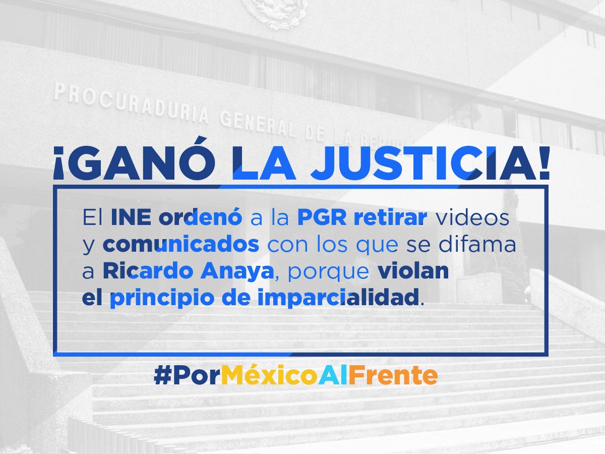 AccionNacional's tweet photo. ¡Se hizo justicia! Queda demostrado que el PRI-Gobierno miente y está dispuesto a hacer lo que sea para perjudicar a Ricardo Anaya, con tal de levantar la campaña en ruinas de su candidato. No les tenemos miedo y no nos van a detener. ¡Vamos más fuertes que nunca! https://t.co/CtnwXTm2Hf