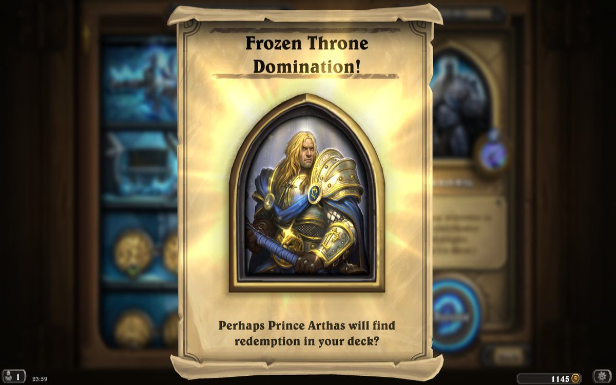 gallifreystorm's tweet photo. I finally did it! @PlayHearthstone #Arthas #Paladin #Champion #Knightsofthefrozenthrone #Icecrown #Hearthstone https://t.co/yvXG3jYqyT