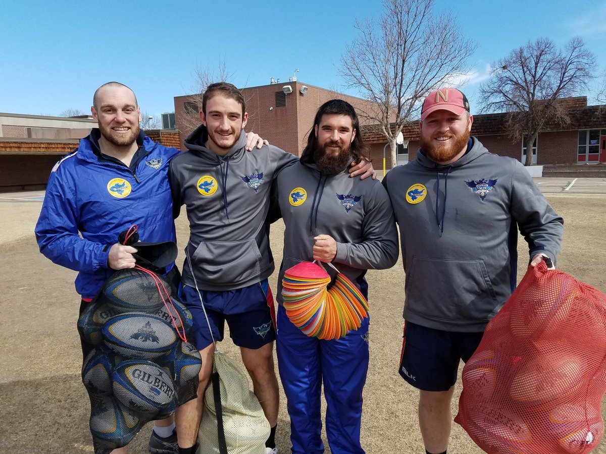 AmericanRaptors's tweet photo. Luke White, Grigor Kerdikoshvili, Blake Rogers, and Nick Kwasniewski at Bromwell Elementary teaching kids how to play rugby with Jenna Anderson of Glendale Youth Rugby. We love working with and watching our youth learn the ins and outs of the rugby game! #RaptorsLife #GiveBack https://t.co/g0PXcKmpVY