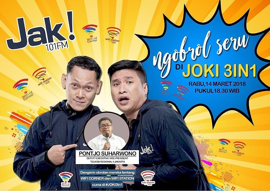 Yuk jangan kelewatan ngobrol seru wico (wifi corner) &amp; wifi station di JOKI3IN1 bareng Deputy Executive Vice President Telkom Regional 2 Jakarta, Pontjo Suharwono

Rabu, 14 Maret 2018 pukuk 18.30 WIB hanya di JAK101FM!

#JOKI3IN1 #warnetzamannow #bringyourowndevice