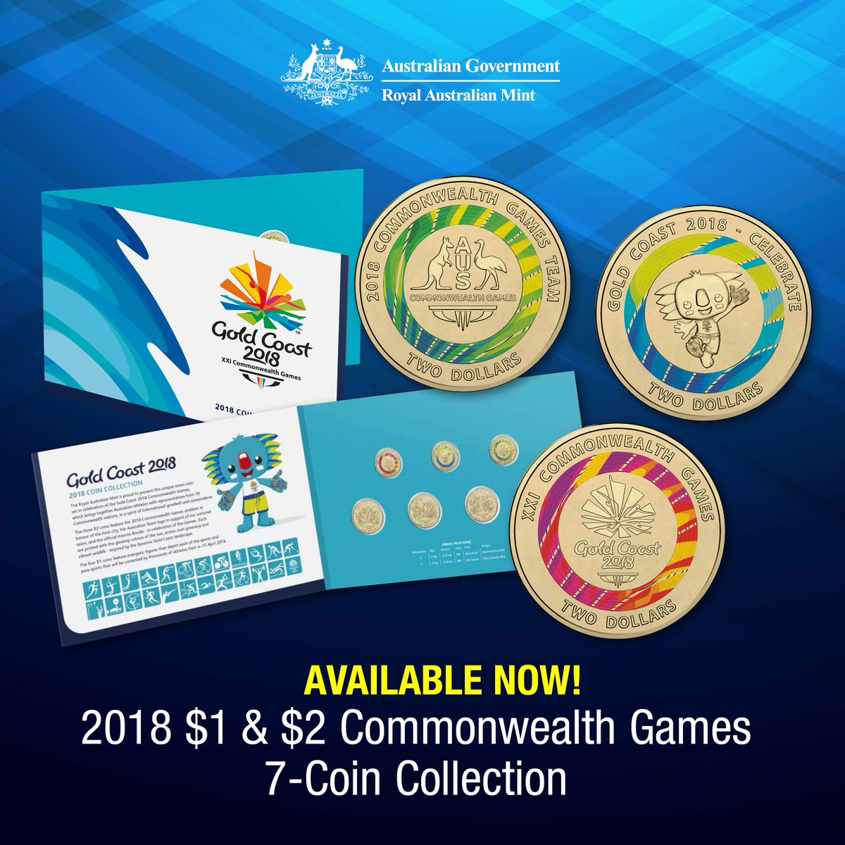 downies's tweet photo. JUST IN: The RAM’s brand-new Commonwealth Games 7-Coin set! Australian legal tender, in strictly Unc condition AND includes four coins not to be issued for circulation – so you’ll never find them in your change! Get in quick!! https://t.co/EDeaBwxE0q https://t.co/WrwCeNs1DF