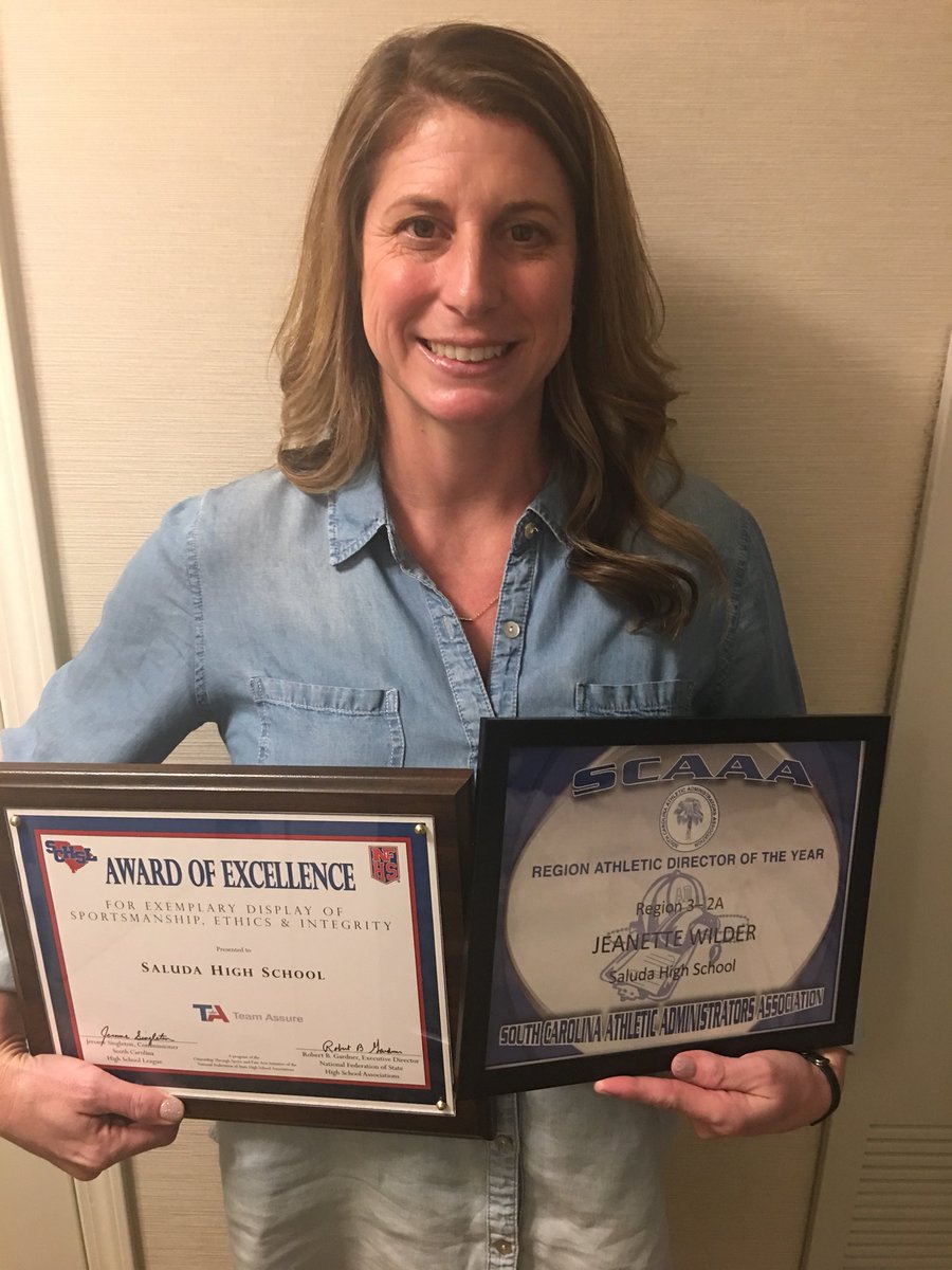 SaludaAthletics's tweet photo. Congrats to Coach Jeanette Wilder on being named SCAAA 2018 Region III-AA AD of the year and @SaludaAthletics @SaludaHigh for receiving @SCHSL Sportsmanship Award! https://t.co/qeI5E591Gg