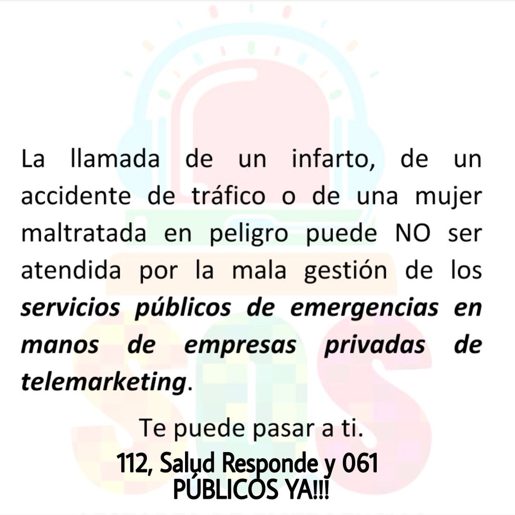 La atención de emergencias no debe estar en manos privadas. La <a href="/AndaluciaJunta/">Junta de Andalucía</a> lo sabe. A qué espera el <a href="/psoedeandalucia/">PSOE de Andalucía</a>? Por qué privatiza un servicio esencial y básico? Precariza empleo y servicios al ciudadano #112y061PublicoYa #SoSaludResponde #Noalassubcontratas