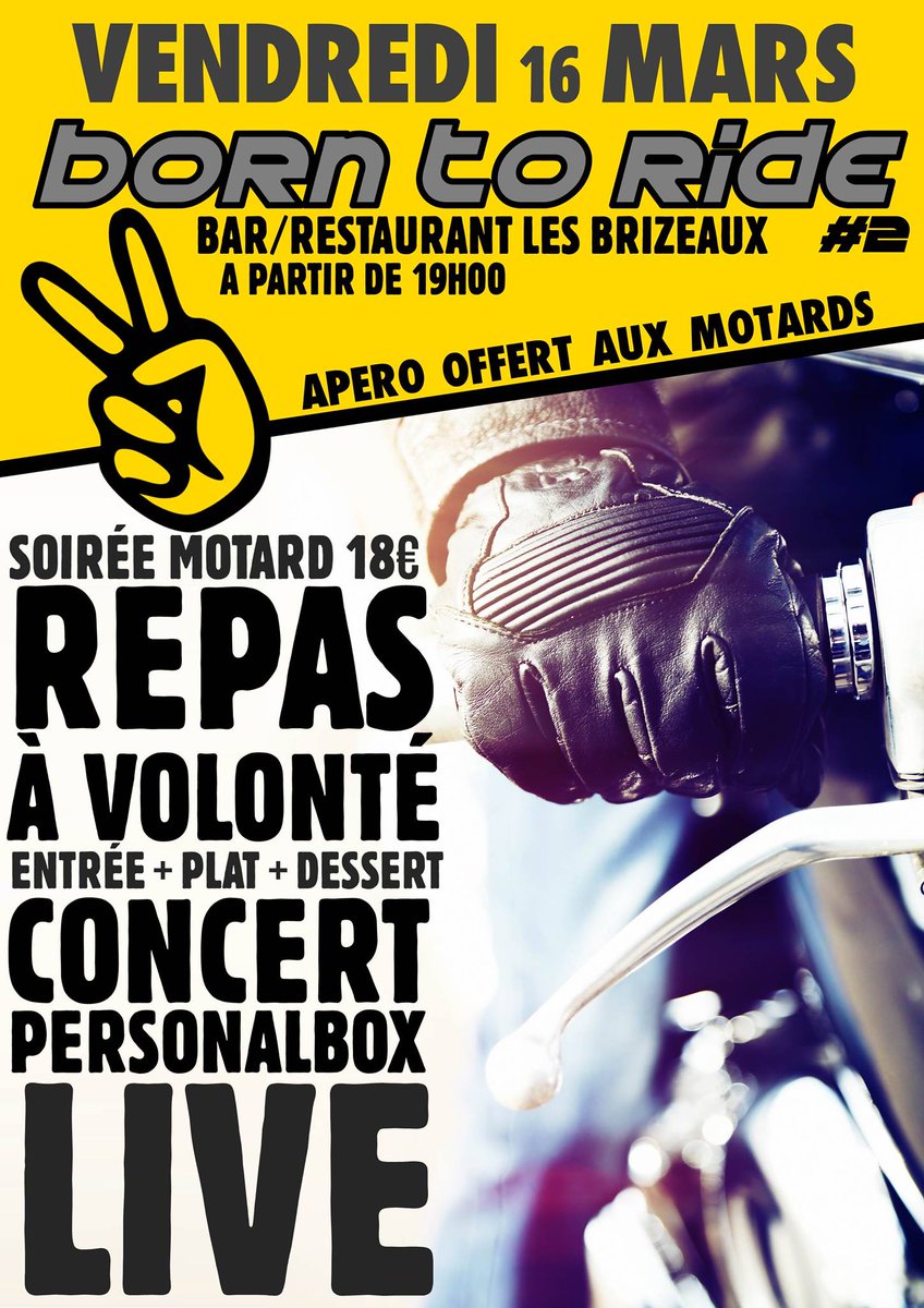 Soirée Motard <a href="/RestoLesBrizo/">Restaurant Les Brizeaux</a> #Niort ce vendredi soir à partir de 19h avec repas à volonté et concert du groupe Personalbox !
Infos ➡ sortiraniort.fr/evenements/soi…