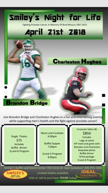 In the absents of @JohnGormleyShow and @mcouros at <a href="/smileysbuffet/">Phil</a> Night For Life 2018 with <a href="/Air_Canada_7/">Brandon Bridge</a> and @sackatchawen we are excited and honored to have <a href="/jamienye/">Jamie Nye</a> and <a href="/DrewRemenda_SN/">Drew Remenda</a> filling in. Tickets are just about gone but lots of room for prize donations.