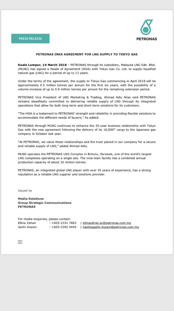 Melissa Goh Petronas Inked Deal With Tokyo Gas To Supply 0 5 Mil Tonnes Of Lng For The First 6 Yrs And Increase To Possibly 0 9 Mil Tonnes For Another 7