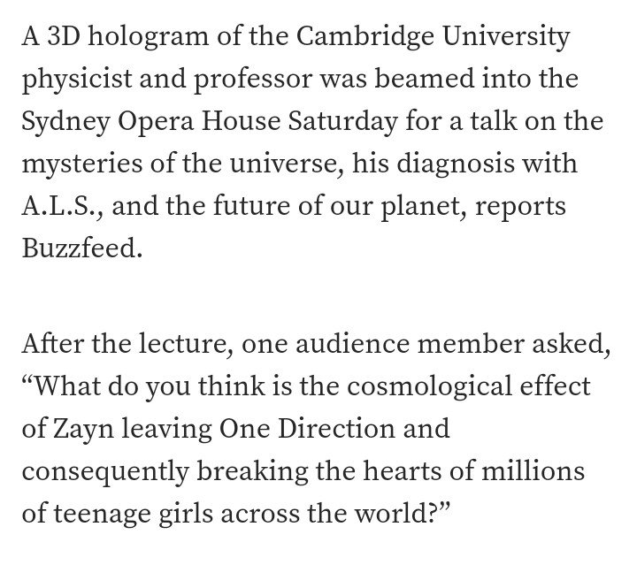 sukebandeka's tweet image. Reminder that when Stephen Hawking was asked abt teen girls being upset over Zayn Malik leaving One Direction he gave the sweetest answer: