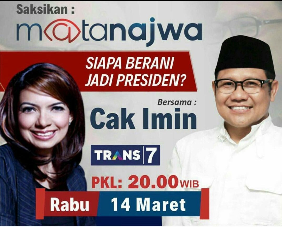 JANGAN LUPA TONTON <a href="/cakimiNOW/">A Muhaimin Iskandar</a> Di <a href="/MataNajwa/">Mata Najwa</a> malam ini. 

#CakIminDiMataNajwa
#CakiminUntukNegeri

<a href="/Jazilul_Fawaid/">Jazilul Fawaid</a> 
<a href="/Jkw_CakImin/">KORNAS JOIN 2019 🏛</a> 
<a href="/anwsanusi/">Anwar Sanusi</a> 
<a href="/madjid_taufik/">taufik madjid</a> 
@LPPDPPPKB 
<a href="/DPP_PKB/">DPP PKB</a>
