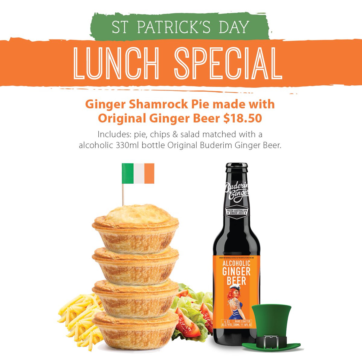 From this Thursday to Saturday we're letting our inner leprechaun loose with our #StPatricksDay #Lunch #Special ☘️ Pick up a limited edition #Ginger Shamrock #Pie, #chips and #salad, topped off with a 330ml bottle of Alcoholic #GingerBeer for just $18.50 🍻 
#sunshinecoast