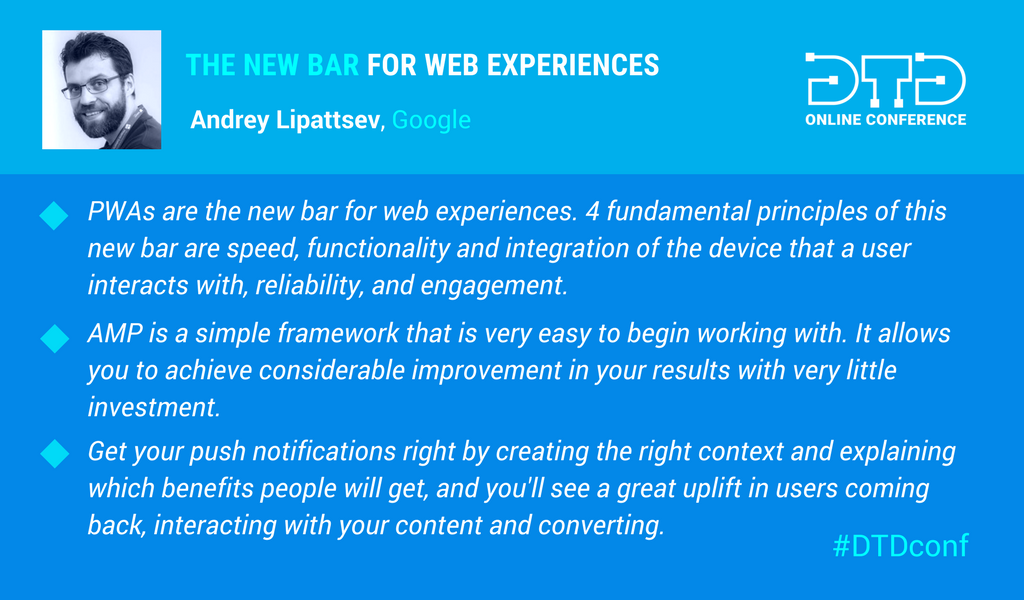 SEOQuakeTeam's tweet photo. Just some of the takeaways from @andrey_l1nd3n's session about #PWA at #DTDconf. 

Check out the session replay feat. a vivid discussion with #SEO pros @Suzzicks and @nickwilsdon at https://t.co/eeJkDGGLP7 [slide decks included] https://t.co/WfPoxdDMIZ