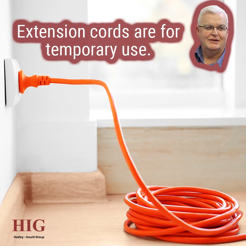 HIGinsurance's tweet photo. Extension cords are not meant to be permanent circuit solutions. They are temporary. #TipsFromTom https://t.co/Fg9lSPihQA