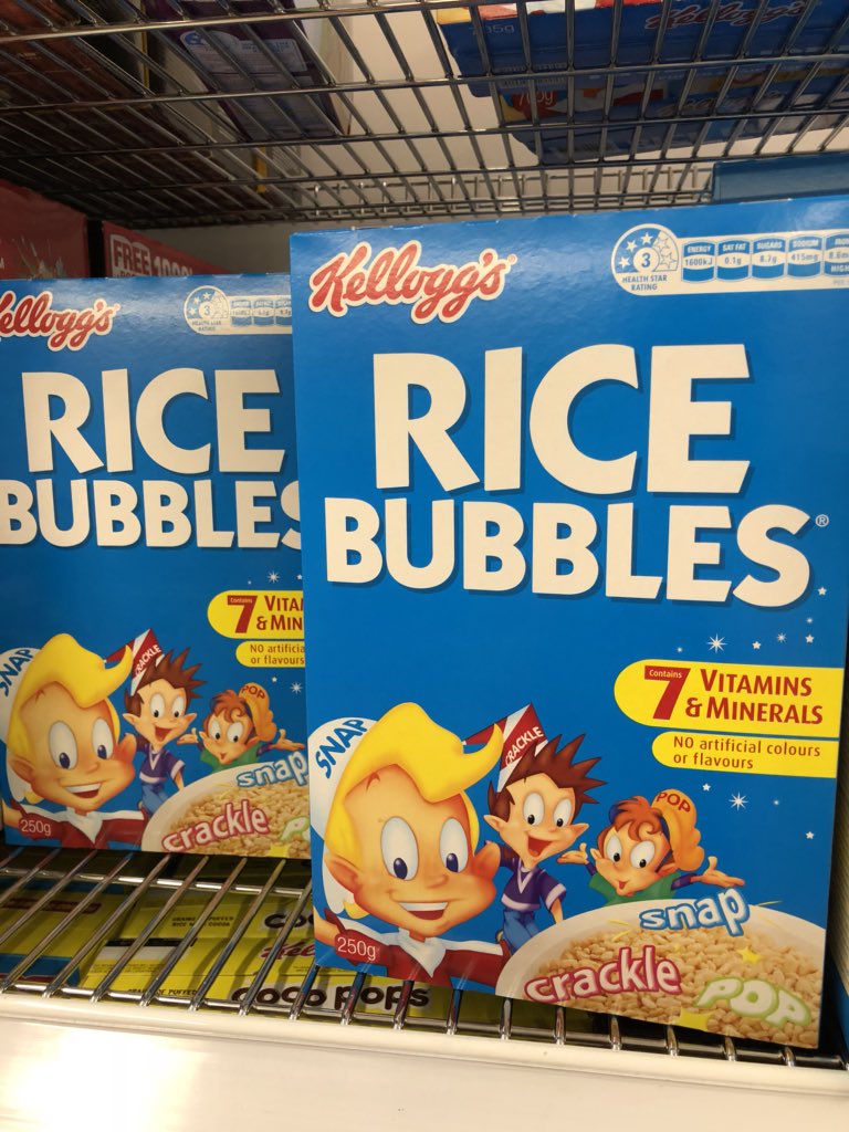 photo of cereal box labeled “Rice Bubbles”, apparently the Australian name of “Rice Krispies”