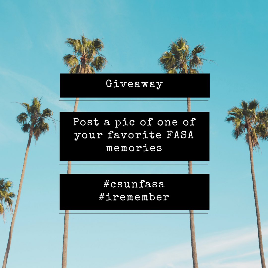 csunfasa's tweet photo. GIVEAWAYπ·π₯Do the following to win a prize:
1. Must follow @csunfasa
2. Post a picture of your favorite FASA memory on INSTAGRAM
3. Tag @csunfasa
4. Use the hashtags #csunfasa and #iremember
Last day to enter is Thursday at 11:59pm. Winner will be notified on Friday! Good luck! https://t.co/JEGHjUXndj