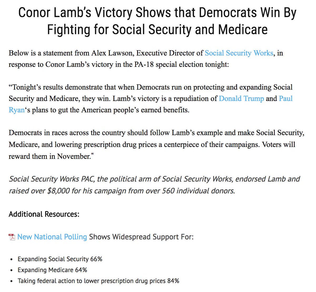 SSWorks's tweet image. Conor Lamb’s Victory Shows that Democrats Win By Fighting to Protect and Expand Social Security and Medicare: bit.ly/2Gpfrg1 #PA18