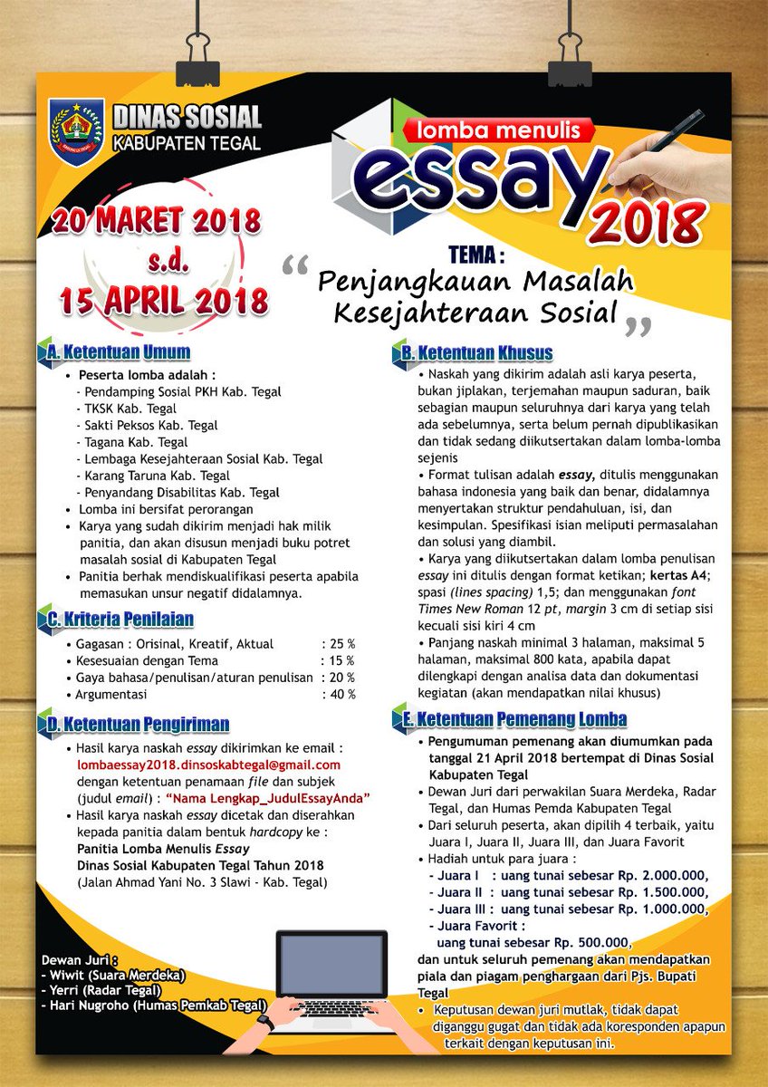 DinsosKabTegal's tweet photo. Lomba Menulis Essay Tahun 2018, Tema Penjangkauan Masalah Kesejahteraan Sosial @Sinoeng69 @HumasTegalkab @PkhTegal @tksk_kabtegal @tagana_kabtegal https://t.co/R7pwWzRKHT