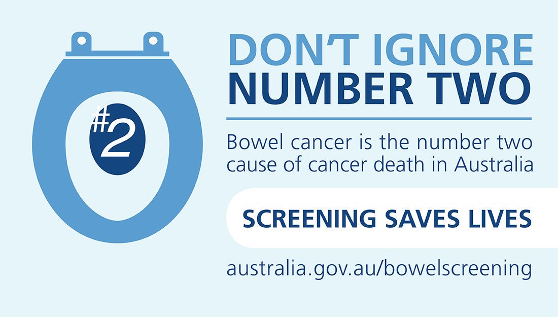healthgovau's tweet photo. #BowelCancer is Australia’s number 2 cause of cancer deaths. Don’t ignore number 2 https://t.co/JjQW13XBBk https://t.co/JXcgOCh5sw