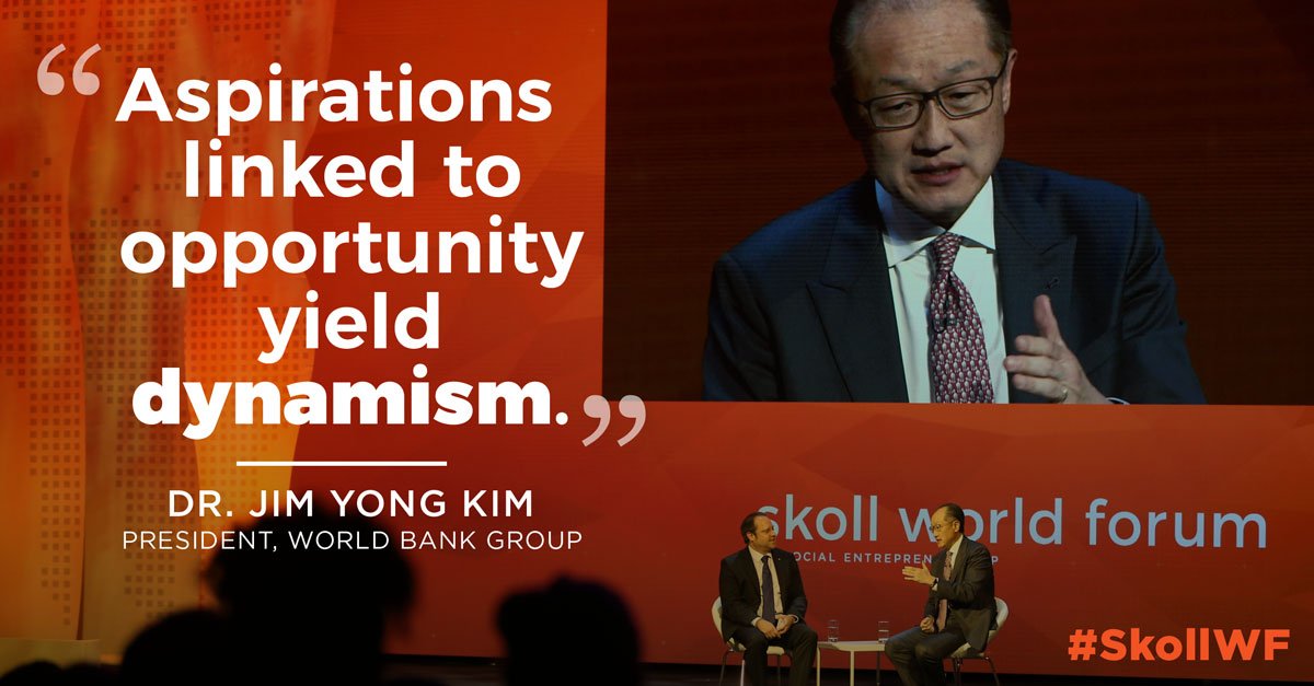 SkollFoundation's tweet image. At #SkollWF 2017, @JimYongKim told @jeffskoll that it’s social entrepreneurs who will craft the systems innovations that shift the unjust status quo.