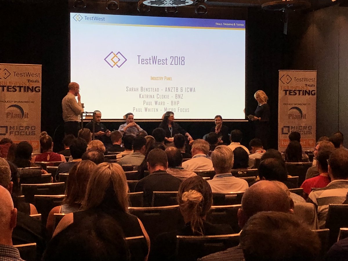TestWestWA's tweet photo. #TestWest2018 hearing from some industry experts @katrina_tester, Paul Ward, Paul Whiten & Sarah Benstead. https://t.co/tNTiblYeun