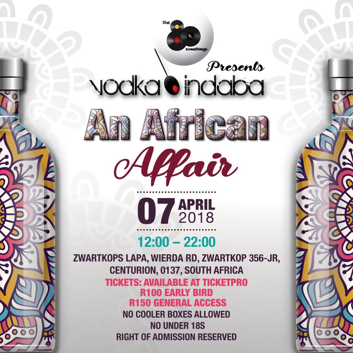 the80somethings's tweet photo. Tell a friend. Early bird tickets are selling out!! Get them @TicketProSA for R100 #vodkaindaba https://t.co/89Vj1ODcuT