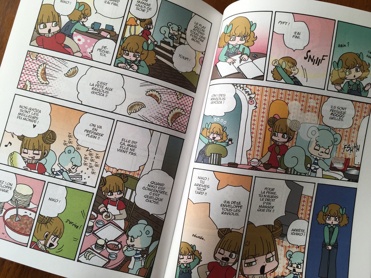 「はずんで!パパモッコ」のフランス語版「ICHIKO et NIKO」の10巻が届きました。いつもながら手書き部分まできれいにフランス語に直してくださっていて素晴らしいです!
餃子はGYÔZAで通じるようですね。