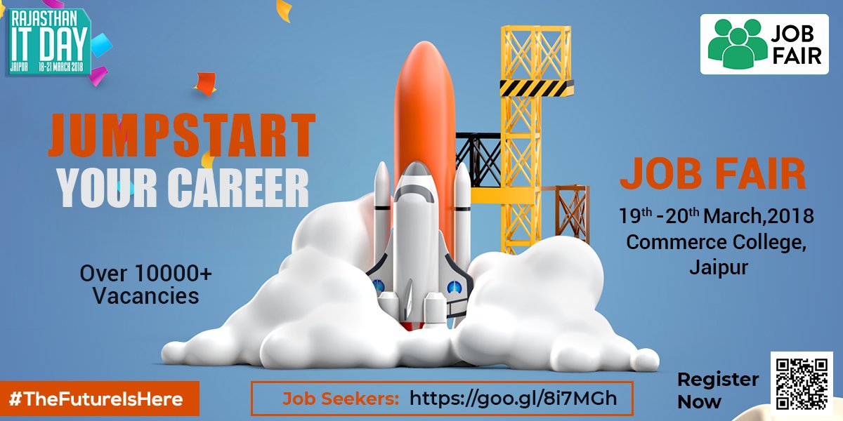 Rajasthanitday's tweet photo. Welcome to the BIGGEST JOB FAIR, by DoIT, Govt. of Rajasthan

100+ companies, 10,000+ Job vacancies.

Registration for Job-seekers: https://t.co/ZNkxQ5YrUA
Registration for Employers: https://t.co/3EY5HSyHhz

Queries: Email us at jobfair.itday2018@rajasthan.gov.in https://t.co/obwds1echs