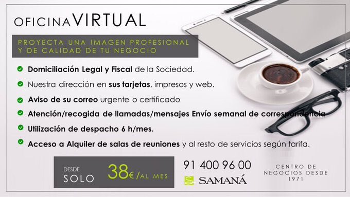 CNSamana's tweet image. OFICINA VIRTUAL

PROYECTA UNA IMAGEN PROFESIONAL Y DE CALIDAD DE TU NEGOCIO

Domiciliación Legal y Fiscal de la Sociedad.

Más Información AQUÍ: sesamana.com/oficina-virtua… 

#oficinavirtual #domiciliacion #pymes #autonomos #empresas
