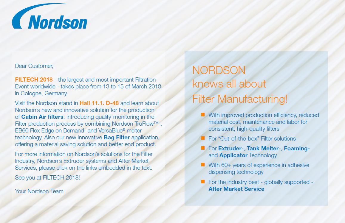 NordsonAdhesive's tweet image. We hope everyone at #Filtech is enjoying the show! Stop by and visit Nordson at stand #D-48 in Hall 11.1 to learn about our innovative solutions.