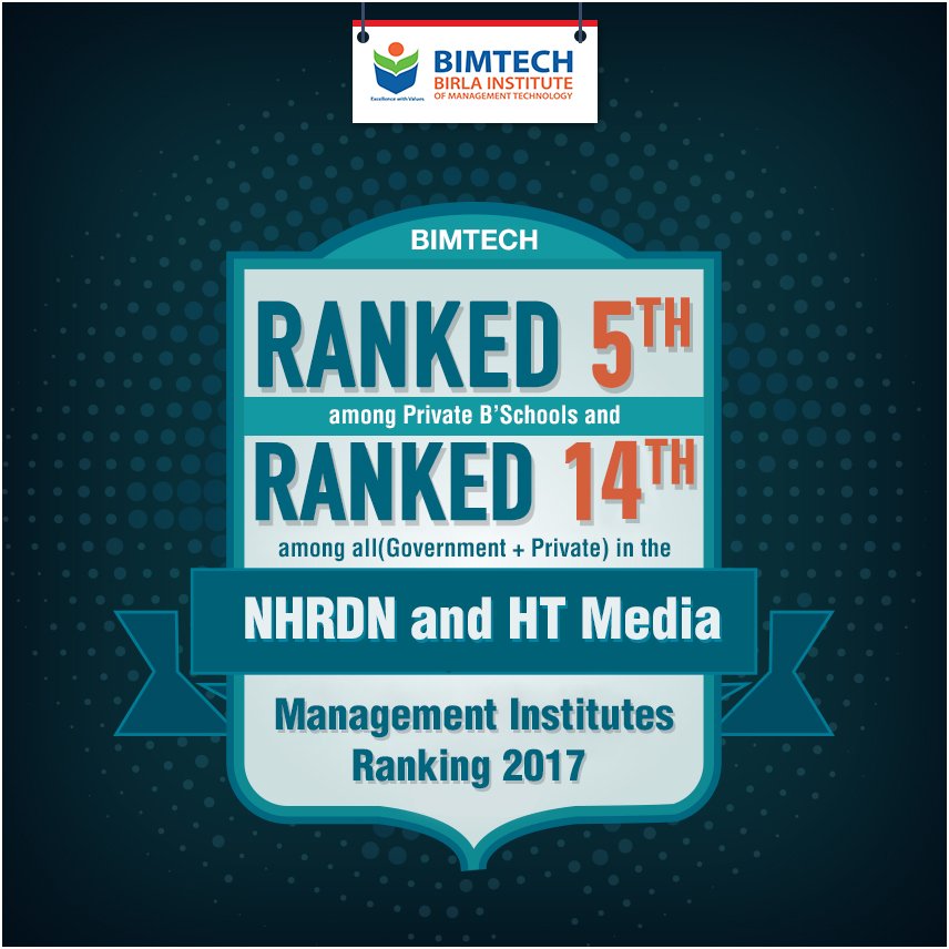 National HRD Network and HT Media has released the Management Institutes Ranking 2017

It is a matter of pride that we have received 5th Rank among the Private B'Schools and 14th among all (Government+Private) institutes in the Management Institutes Ranking 2017
#BSchoolRanking