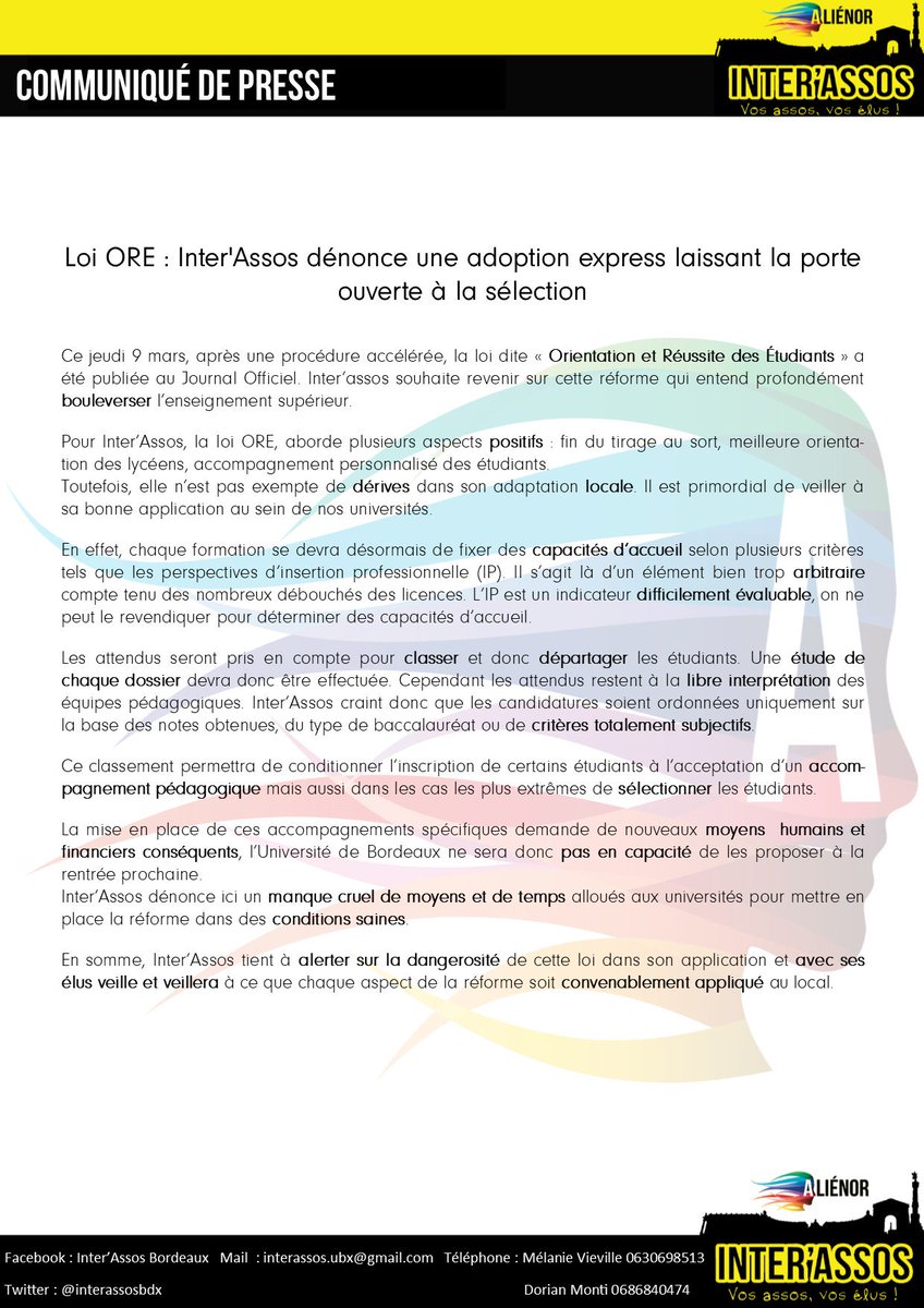 Inter'Assos, à travers ce Communiqué, tient à affirmer ses positions face à la loi ORE parue Jeudi 9 Mars ! <a href="/univbordeaux/">Université de Bordeaux</a> @mtunondelara <a href="/UBMontaigne/">Université Bordeaux Montaigne</a> <a href="/annaesbirdieu/">Sabine Andrieu</a> <a href="/sudouest/">Sud Ouest</a> <a href="/F3Aquitaine/">France 3 Aquitaine</a> <a href="/20Minutes/">20 Minutes</a> @Bordeaux7 <a href="/RadioCampusBx/">Radio Campus Bordeaux</a>