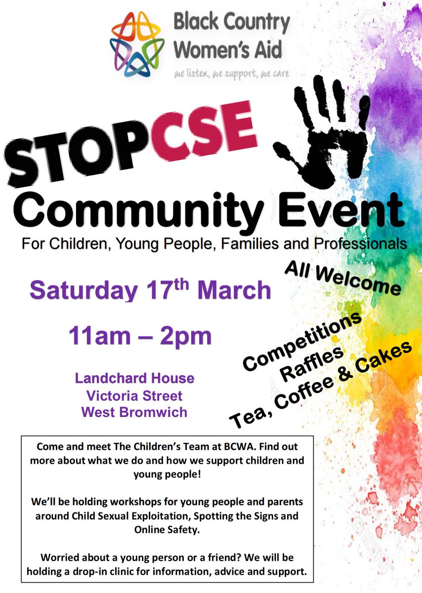BcwaYP's tweet photo. @PCTreasureWMP BCWA Children’s Team are holding an event For #CSEDay18 this week! There will be workshops, activities, advice and support plus raffles, vouchers to be won and cake!! Come pop down to say  hi👋 Plz RT https://t.co/NqutNCYiQO