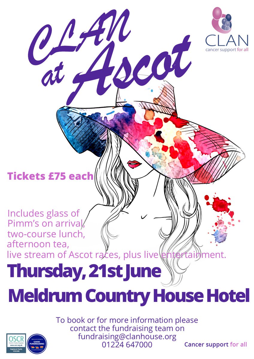 ClanNow's tweet photo. Tickets for CLAN at Ascot are now on sale! This event is expected to sell out fast so make sure you get your booking in asap to avoid disappointment. to book please visit our website https://t.co/UIYOt6yHvV  or contact us fundraising@clanhouse.org / 01224 647000
@themeldrum https://t.co/FbLknJ3o6U