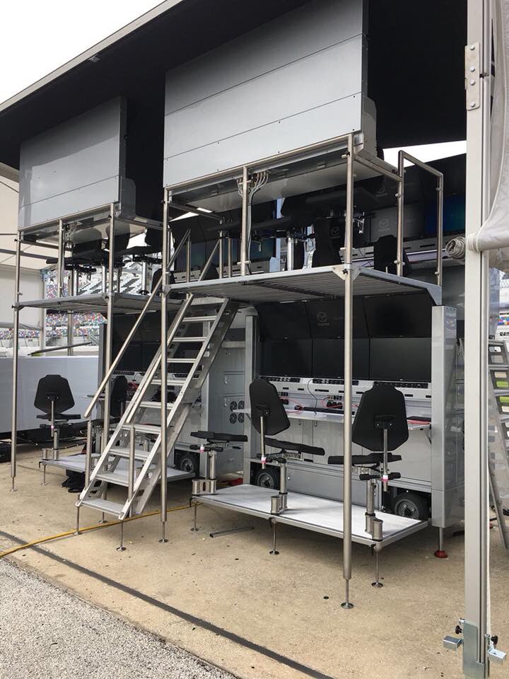 3-tier pit cart now available!
- remote controlled self-levelling system
- 19”server racking with network points linked to each position 
- Optional intercom panels
- 2monitors for each engineer with customised connections
- Suspension chassis with hydraulic brake system&amp;tow bar